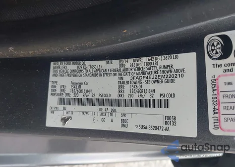 2014 Ford Fiesta Se z USA, uszkodzony, nr VIN 3FADP4EJ2EM220210